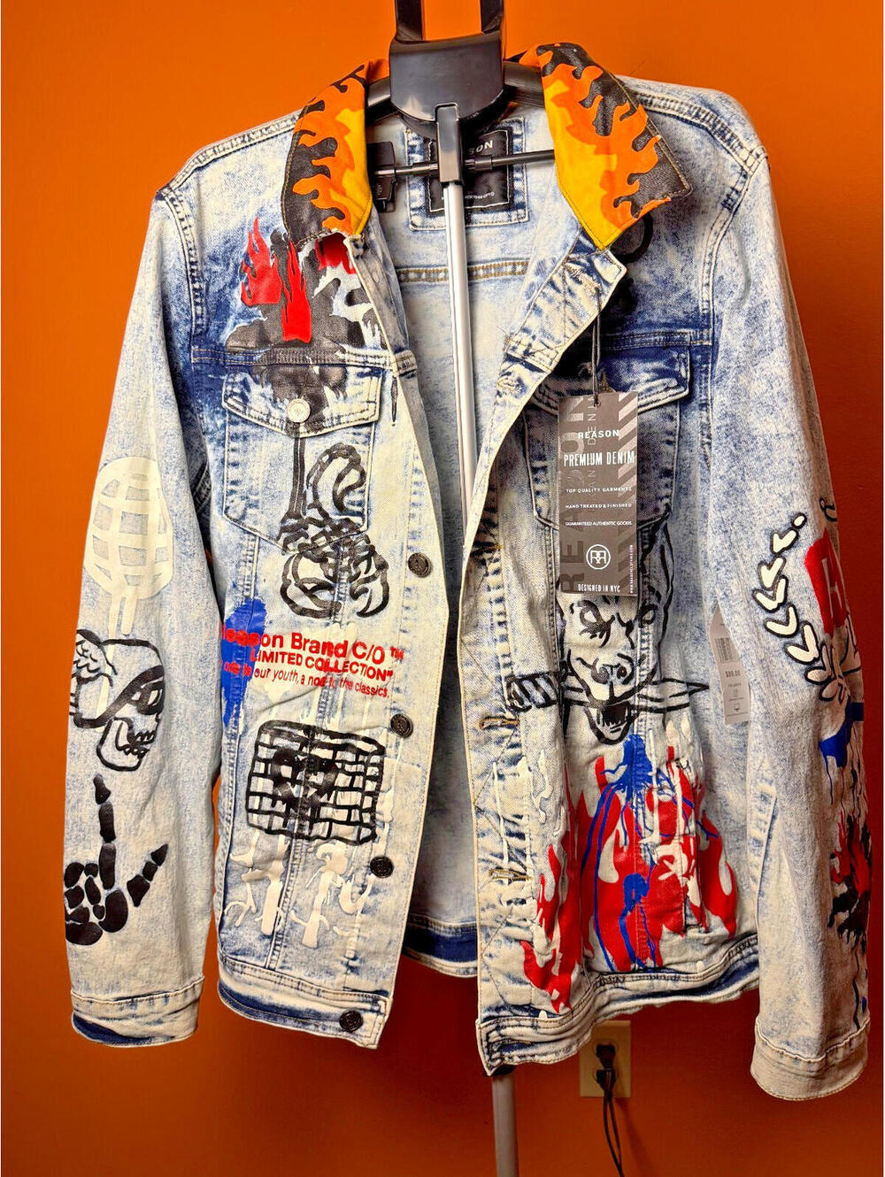 New rare NWT Reason 2XL flames skull denim jacket XXL stonewash hand painted
